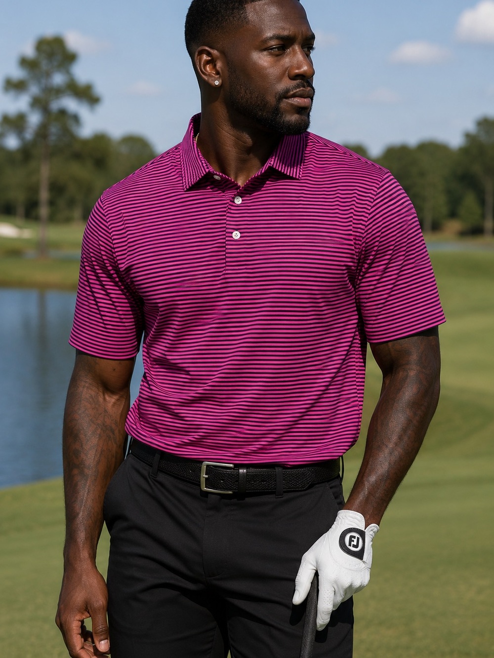 FootJoy FJ Men’s Medium Pink Black Striped Performance Golf Polo Stretch Shirt - Picture 1 of 12